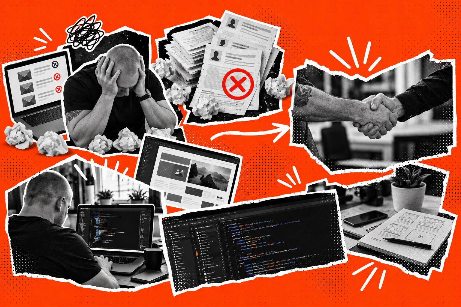 Collage of rejected applications, web development and the handshake that opened a door.
