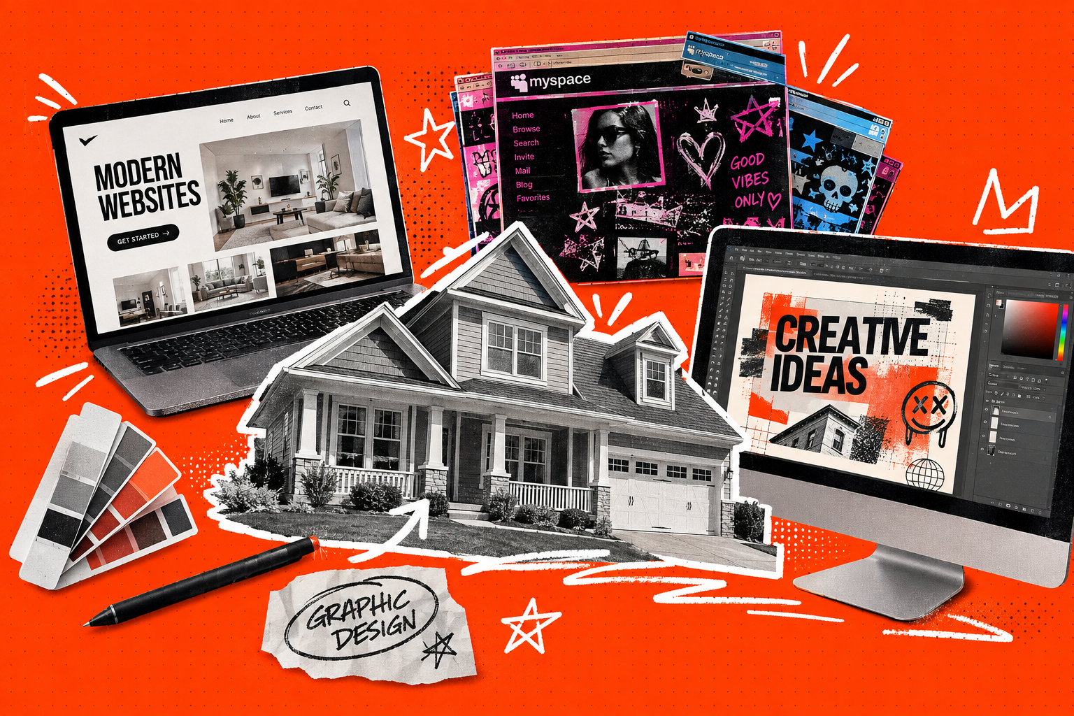 Collage of design work, websites, MySpace pages and a home during the good years.